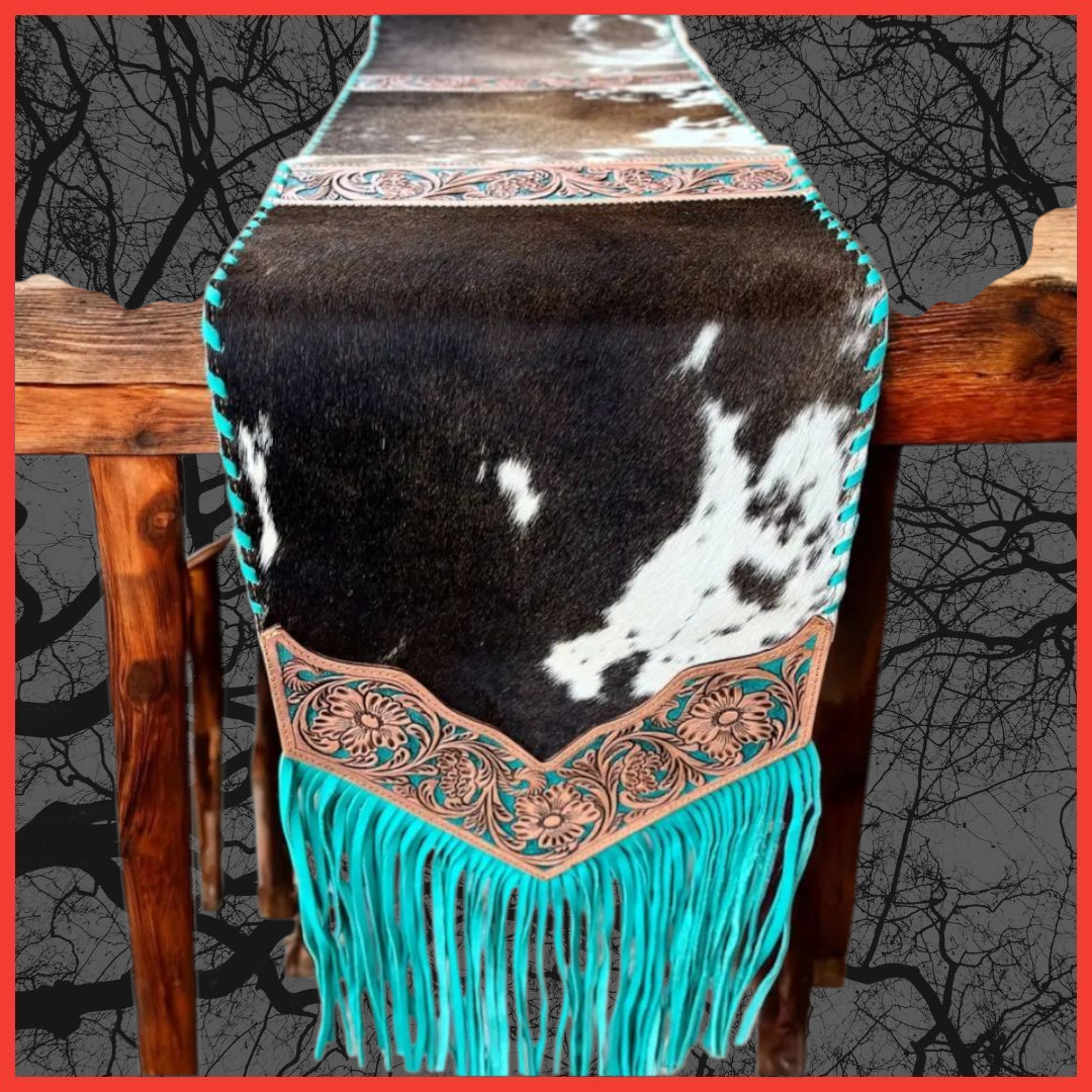 Turquoise Cowhide & Tooled Table Runner