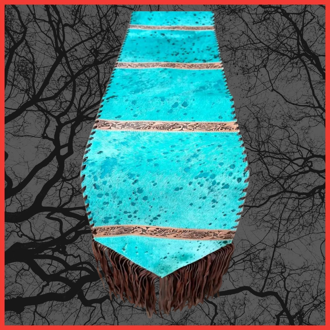 Turquoise Acid Wash Cowhide Table Runner